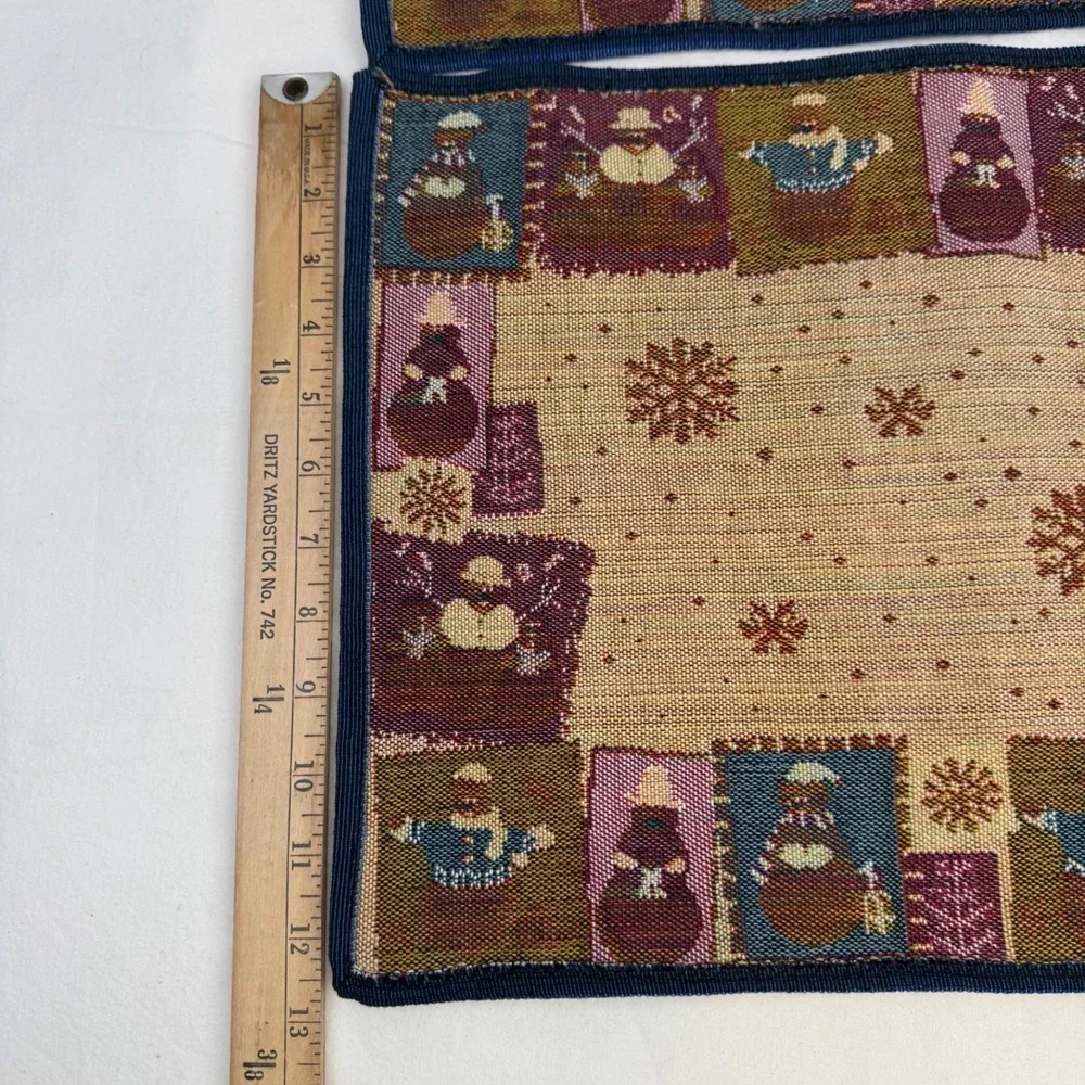 Vintage Woven Tapestry Snowman Placemats Blue Winter Holiday Set of 2